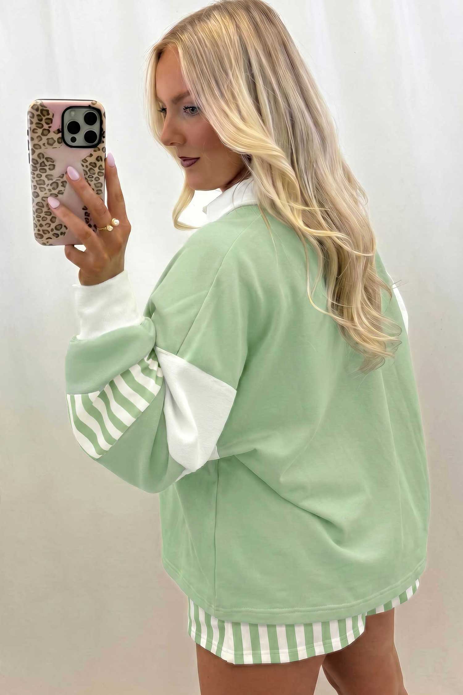 Gossamer Pink Striped Color Block Pullover Top Drawstring Shorts Set – Light Pink