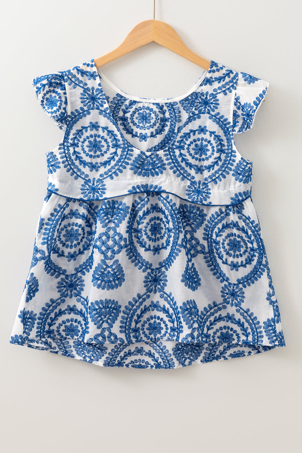 Blue Boho Print Flutter Sleeve Crew Neck Blouse eAura