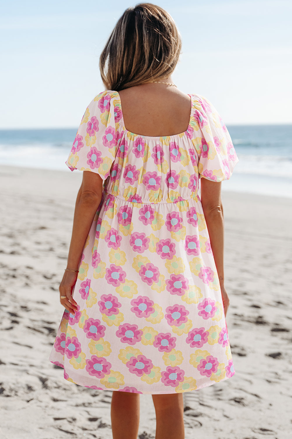 Rose Vibrant Floral Square Neck Puff Sleeve Pleated Flared Midi Dress eAura