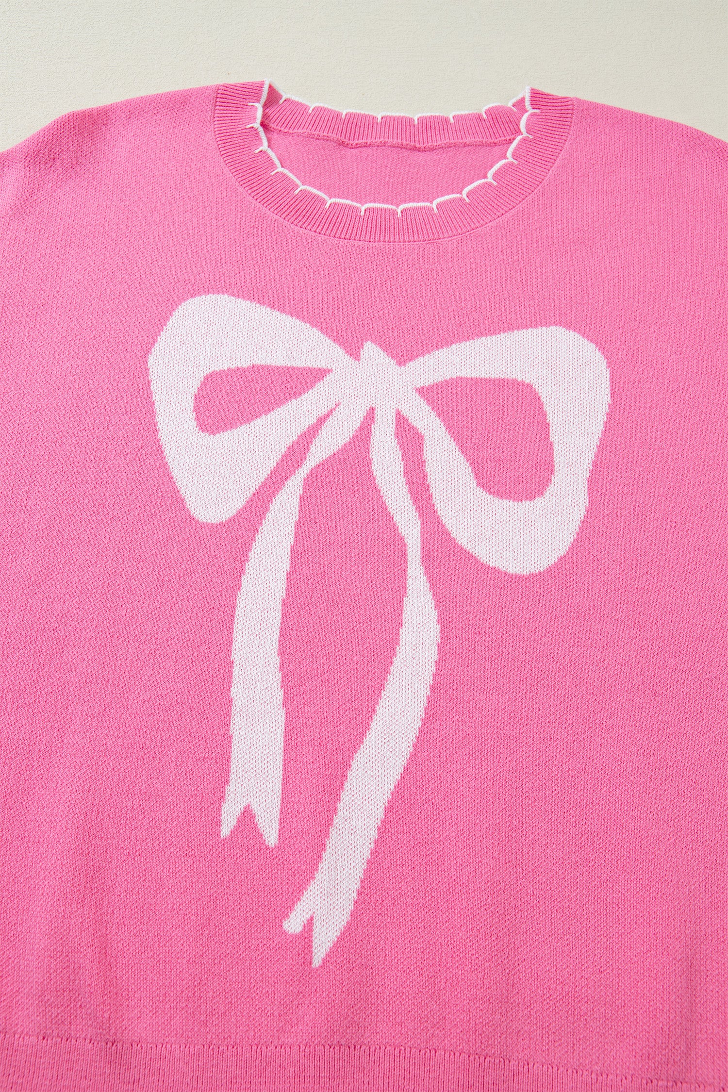 Big Ribbon Bow Print Contrast Stitch Trim Drop Shoulder Sweater - Sweaters & Cardigans/Short Sleeve