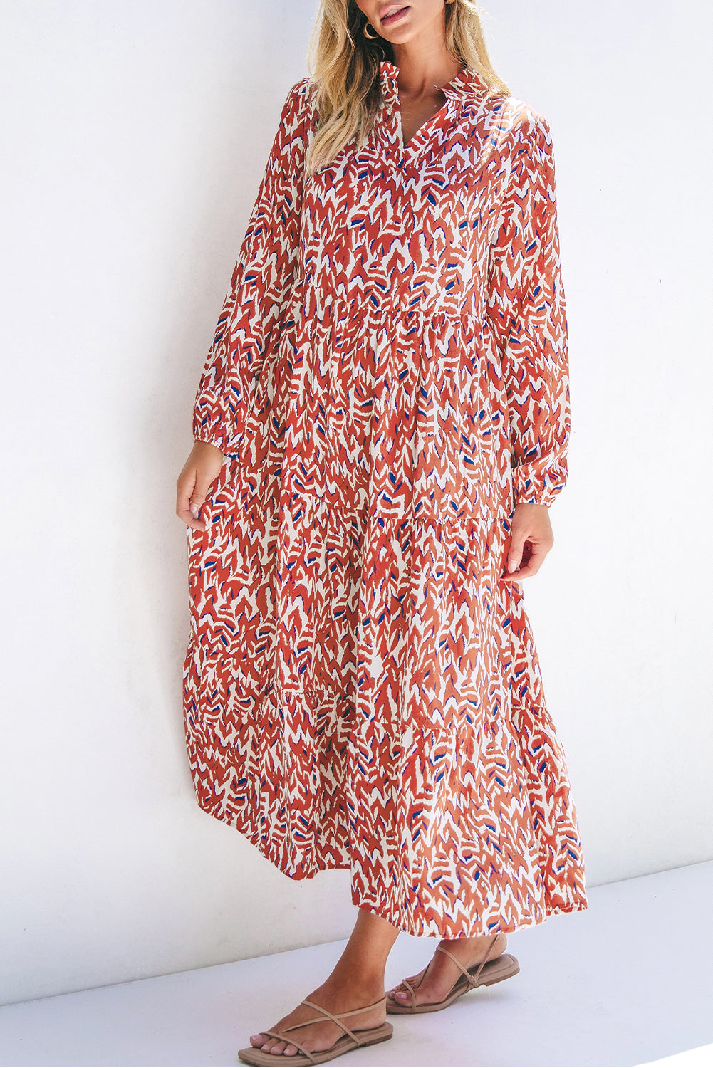 Orange Abstract Print V Neck Pleated High Waist Midi Dress eAura