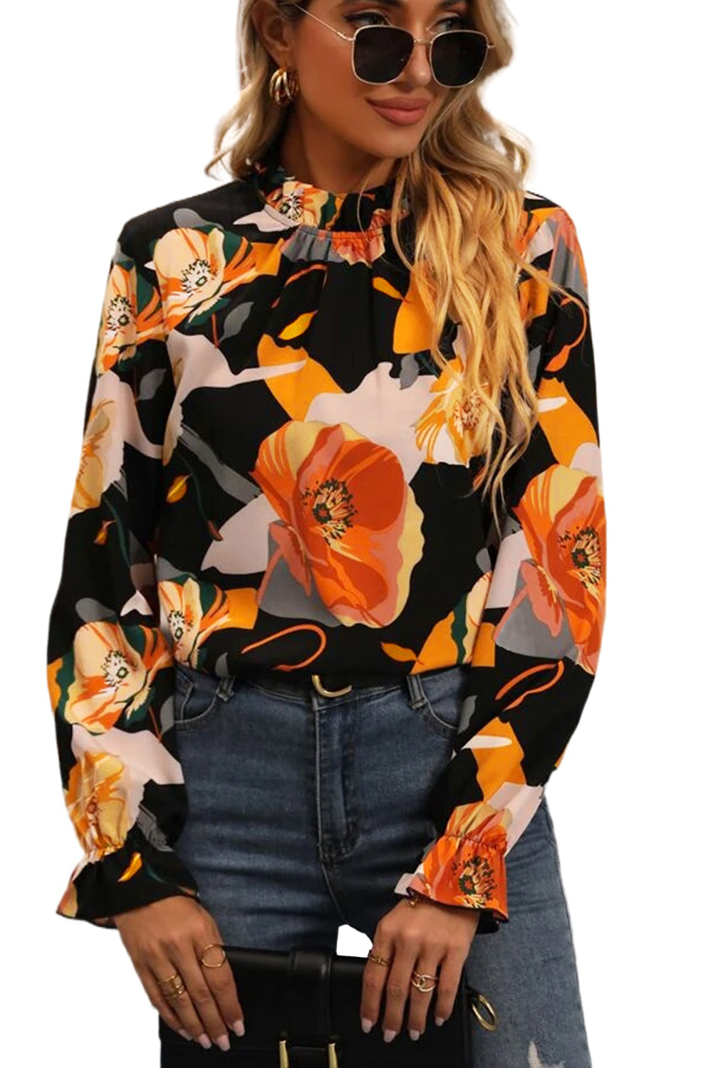 Floral Print Mock Neck Ruffle Sleeve Blouse – Black