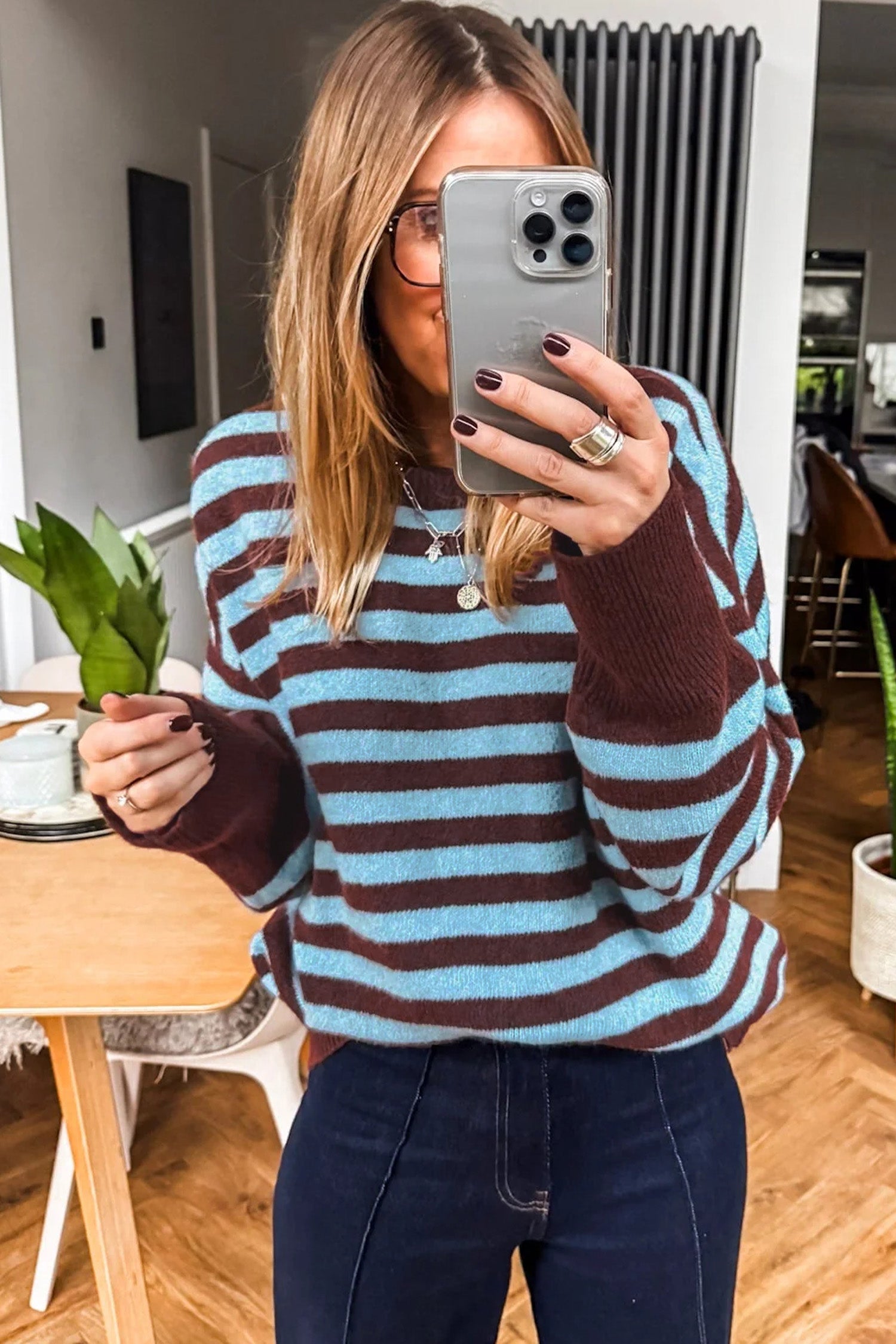 Color Block Loose Crew Neck Cuffed Sweater – Brown Stripe