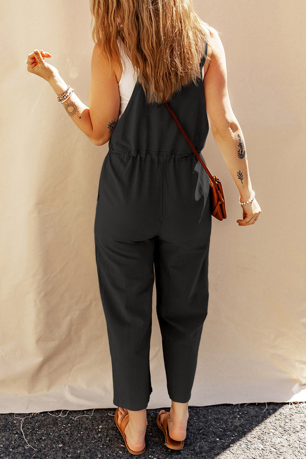 Black Drawstring Buttoned Straps Cropped Overall BB Fashion Outlet