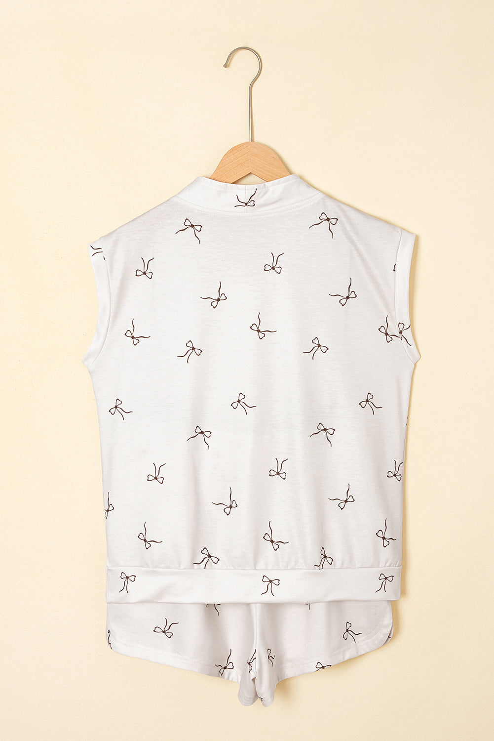 Beige Bow Print Half Zip Tank and Shorts 2pcs Set eAura