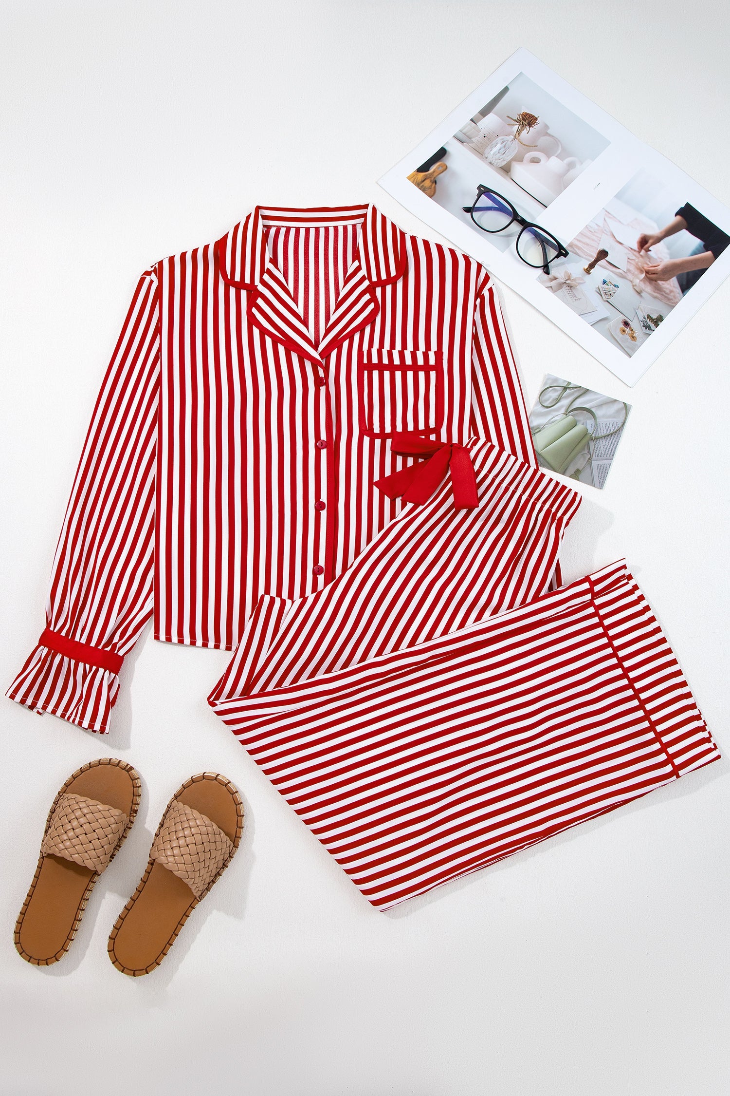 Striped Contrast Velvet Trim Bow Knot Waist Pyjama Set - eAura