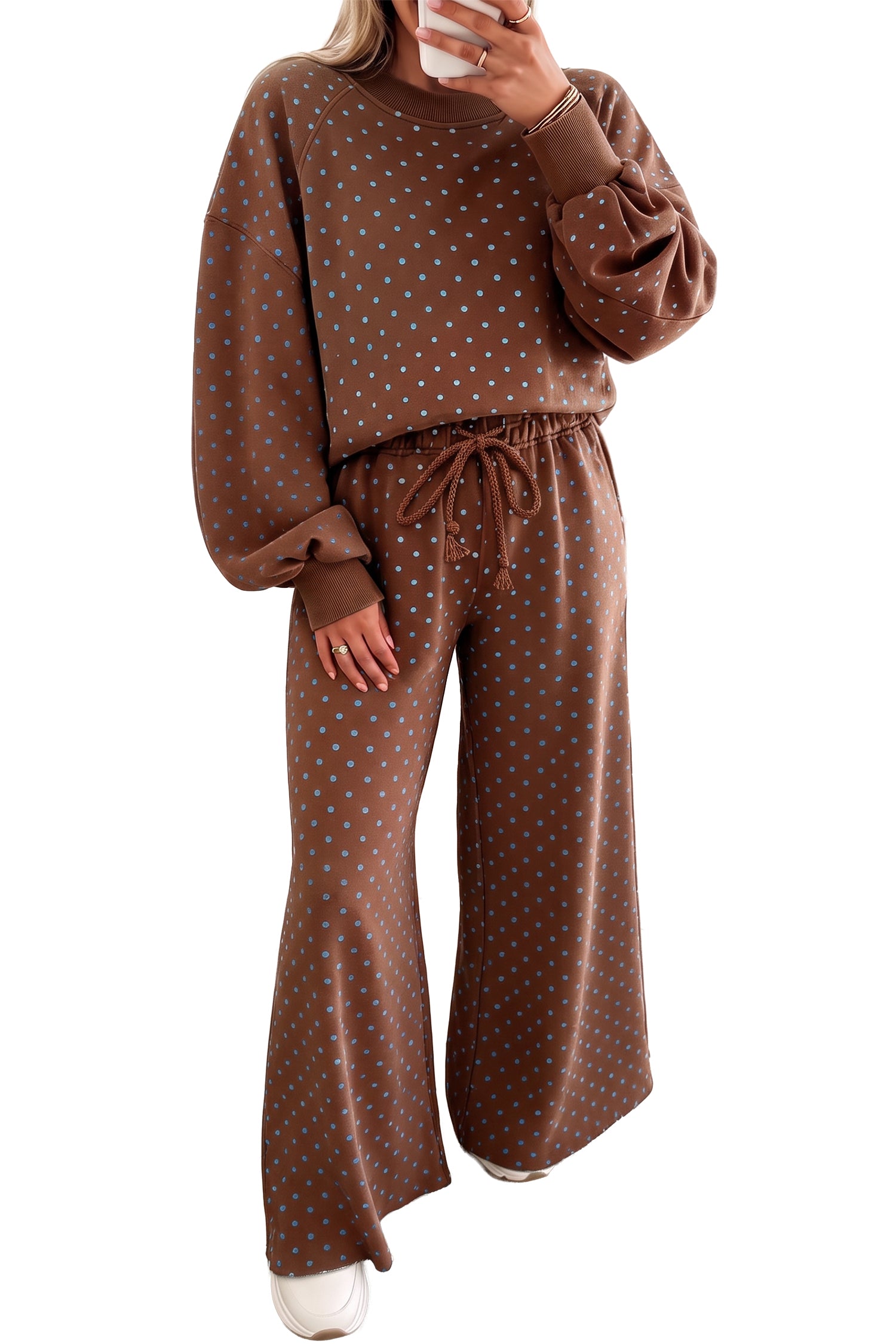 Polka Dot Drawstring Wide Leg Long Sleeve Top Pant Set – Red