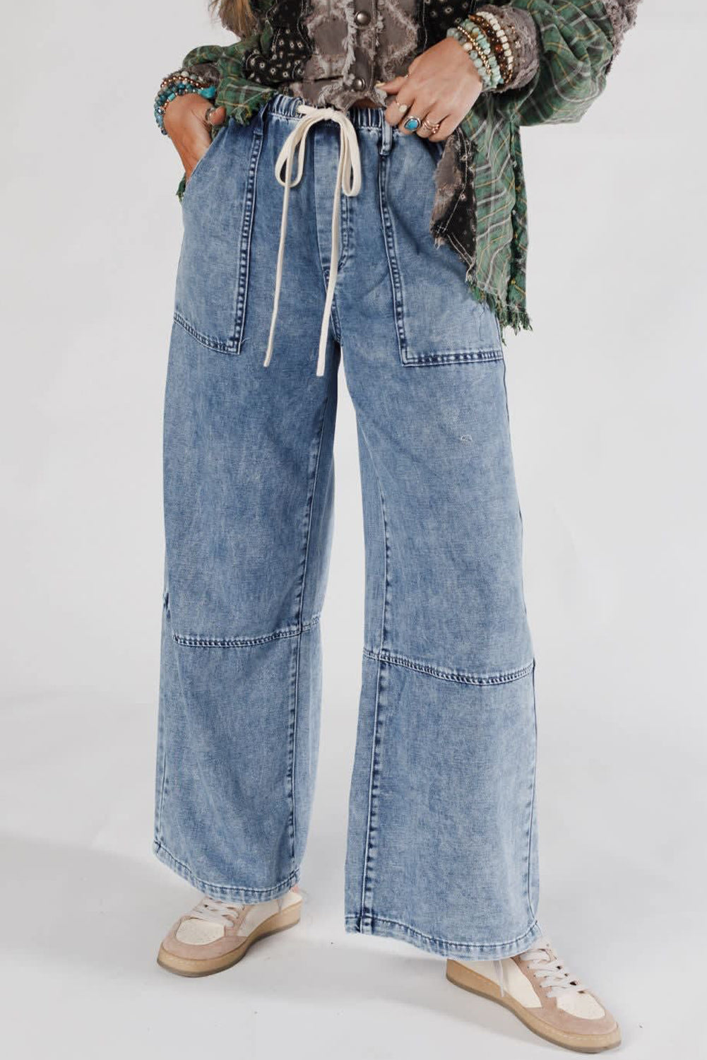 Acid Wash Exposed Seam Drawstring Elastic Waistband Jeans - eAura