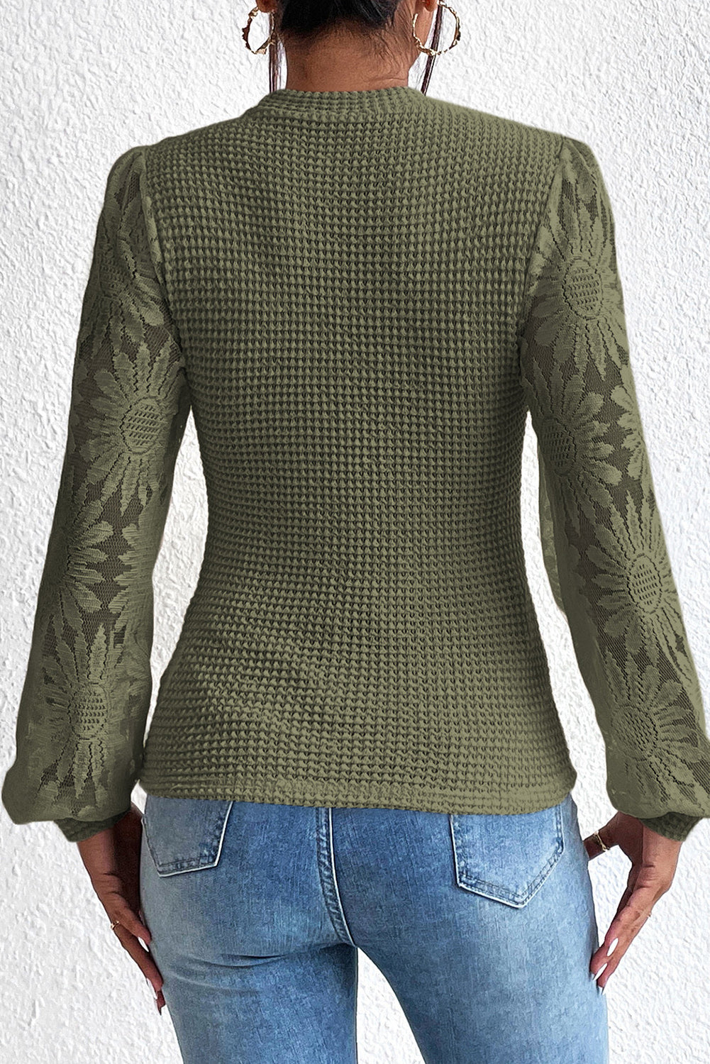 Peach Blossom Sunflower Mesh Bubble Sleeve Waffle Knit Top eAura