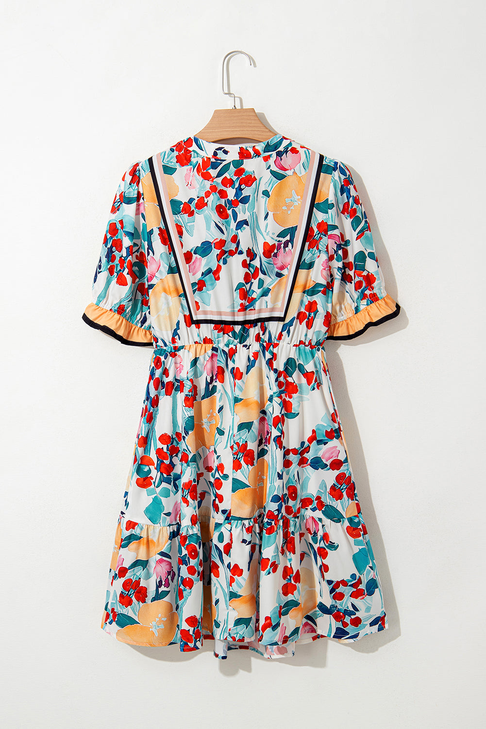 Green Floral Print Zipper Ruffled Short Sleeve Mini Dress eAura