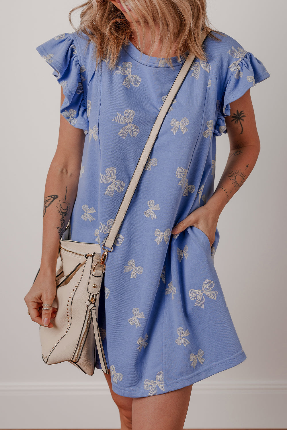 Sky Blue Bow Knot Print Crewneck Ruffled Sleeve Shift Mini Dress eAura