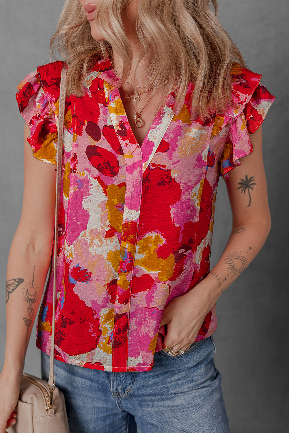 Red Abstract Print Split V Neck Ruffle Short Sleeve Blouse eAura
