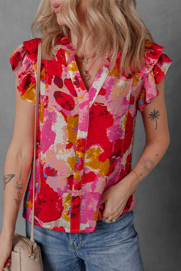 Red Abstract Print Split V Neck Ruffle Short Sleeve Blouse eAura
