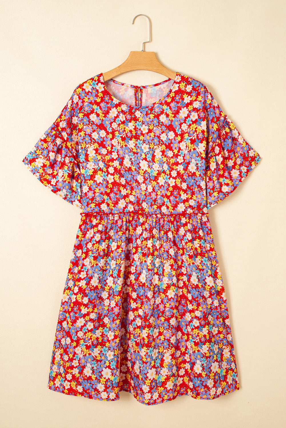 Red Dainty Flower Printed Plus Size Short Sleeve Shift Dress BB Fashion Outlet