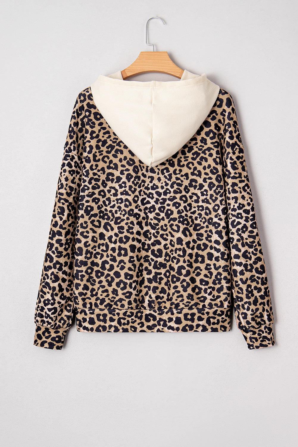Leopard Print Waffle Contrast Kangaroo Pocket Hooded Sweatshirt - eAura