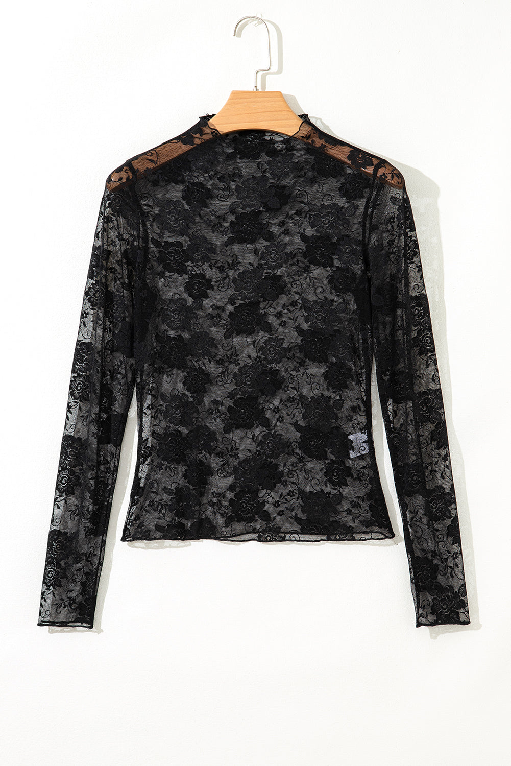 Sheer Floral Lace Mesh Mock Neck Long Sleeve Top - eAura