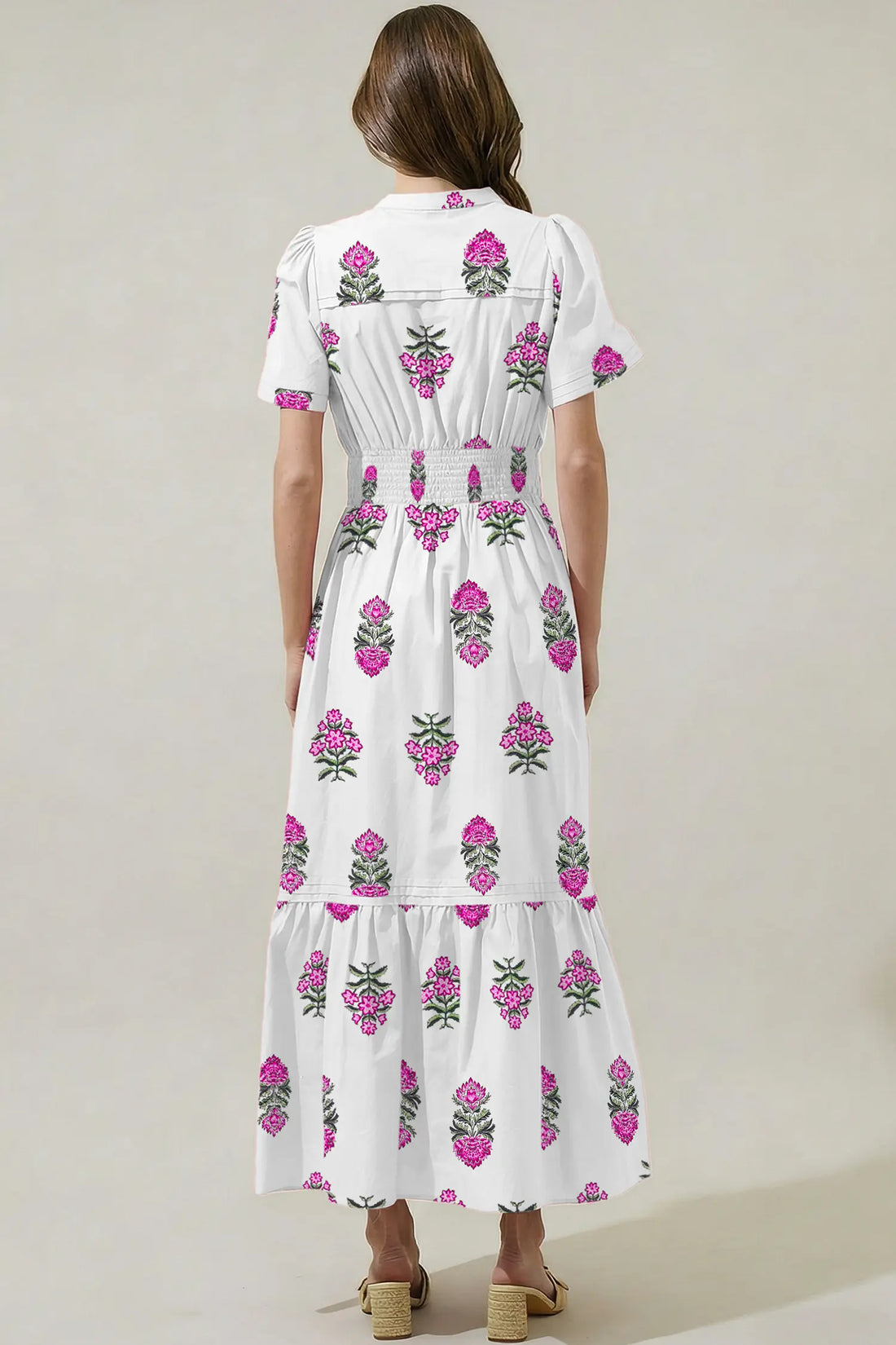 Floral Print Split Neck Shirred Waist Ruffle Hem Maxi Dress