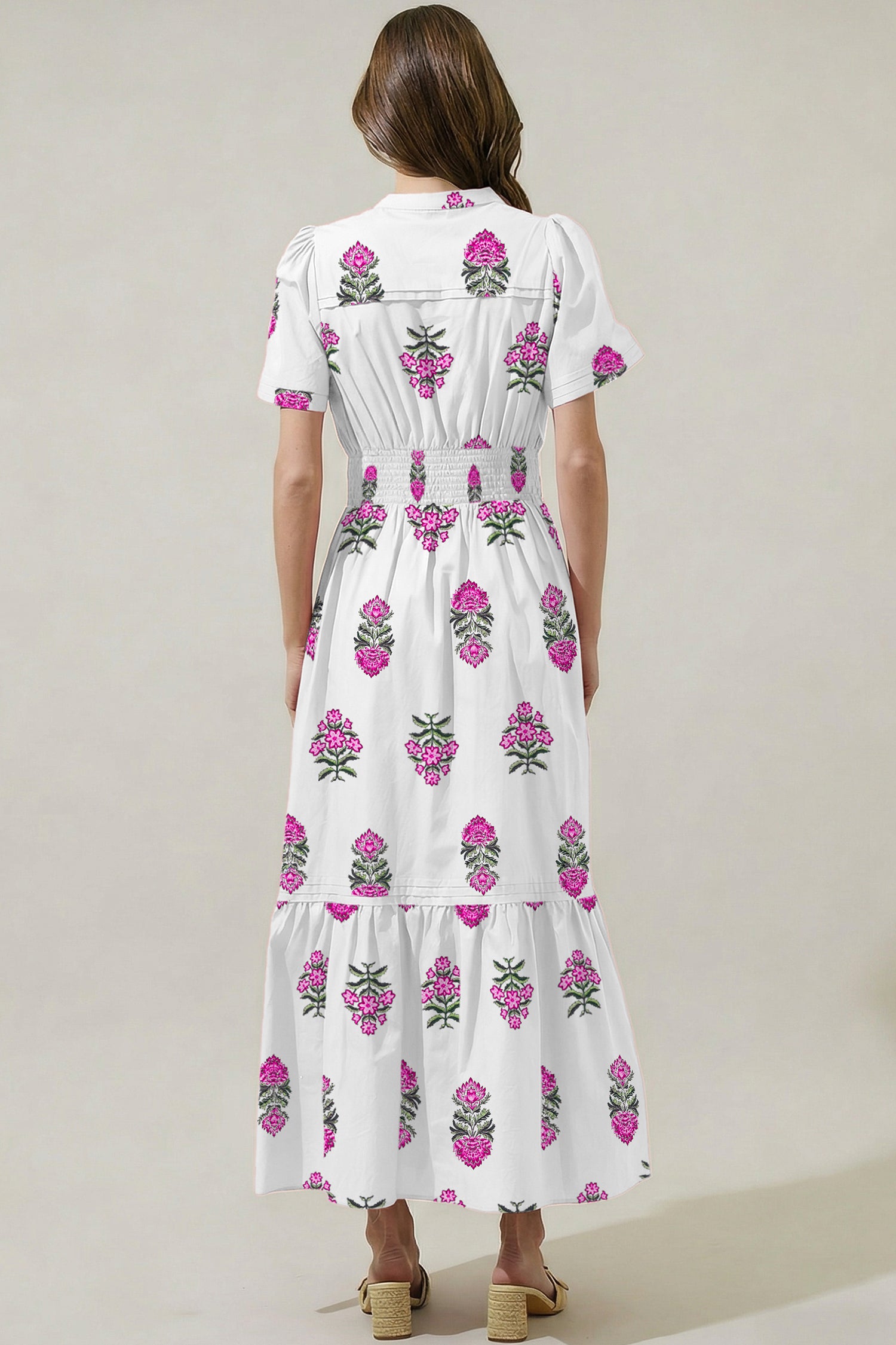 Floral Print Split Neck Shirred Waist Ruffle Hem Maxi Dress