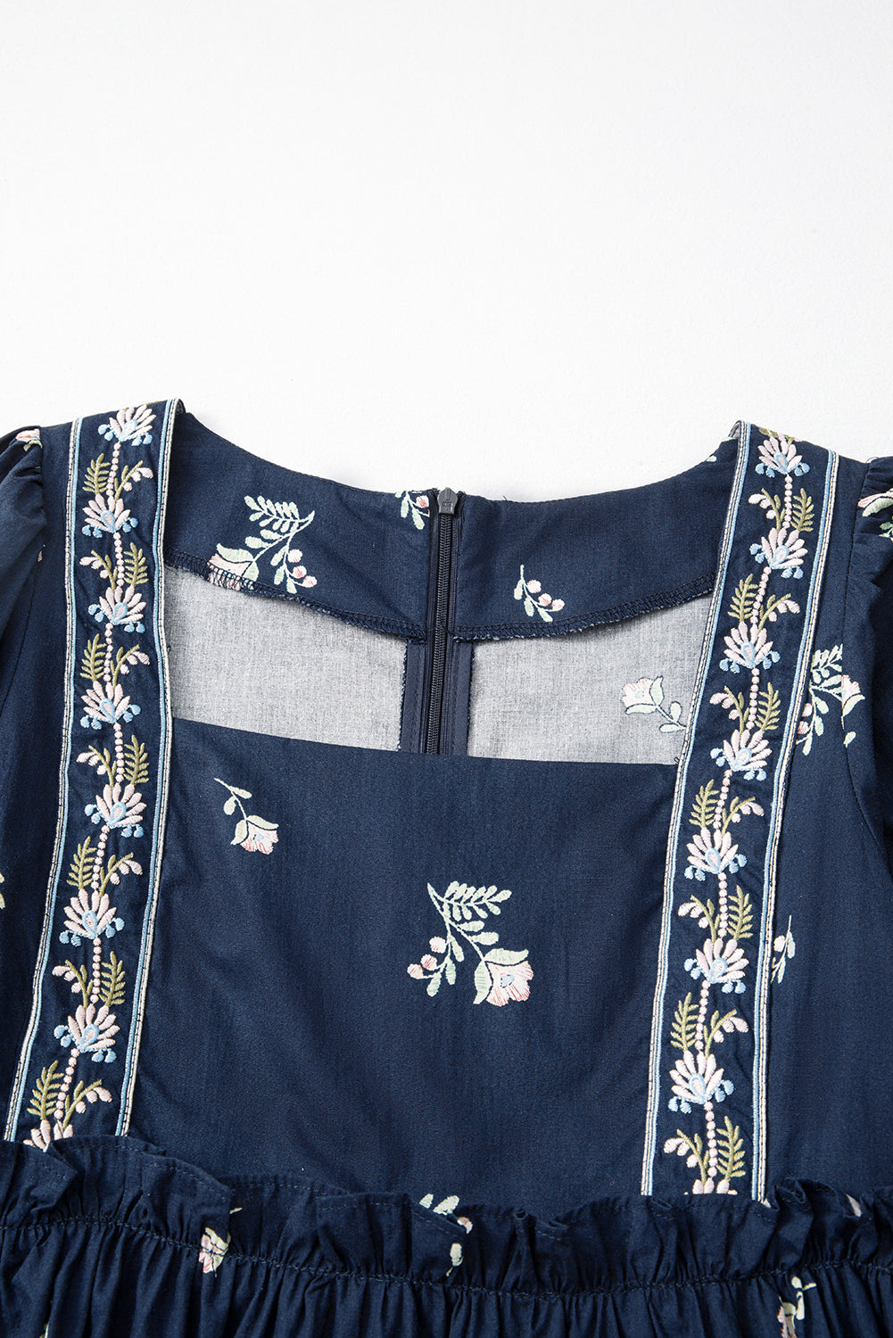 Blue Floral Embroidered Square Neck Puff Sleeve Ruffled Mini Dress eAura