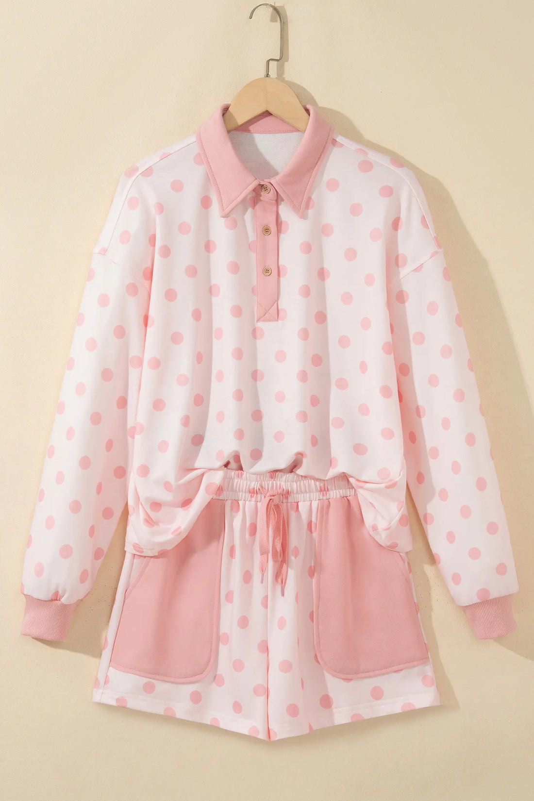 Polka Dot Drop Shoulder Polo Loose Pullover Patch Pocket Casual Shorts Set – Pink