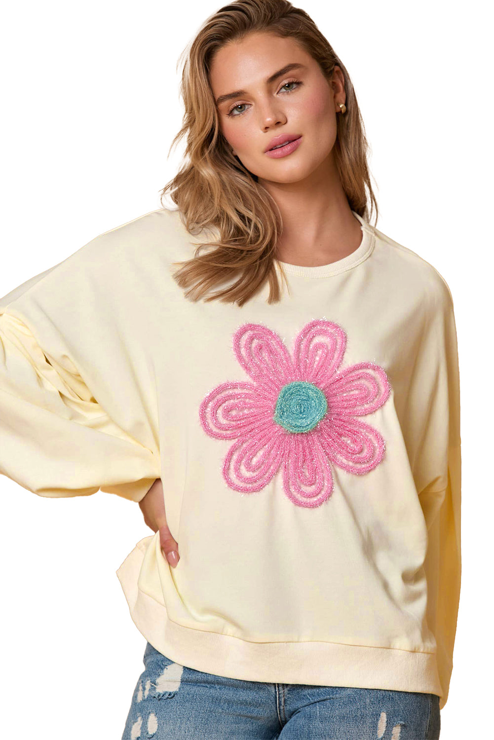 Tinsel Flower Dropped Puff Sleeve Sweatshirt