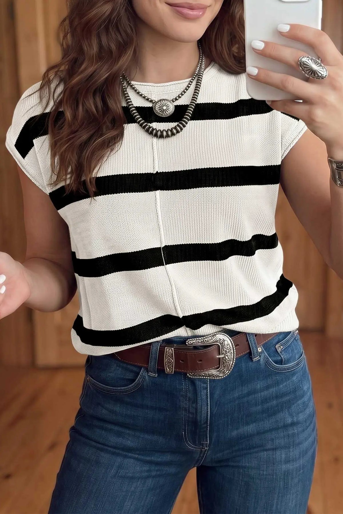 Knit Western Short Sleeve Sweater – Brown Stripe
