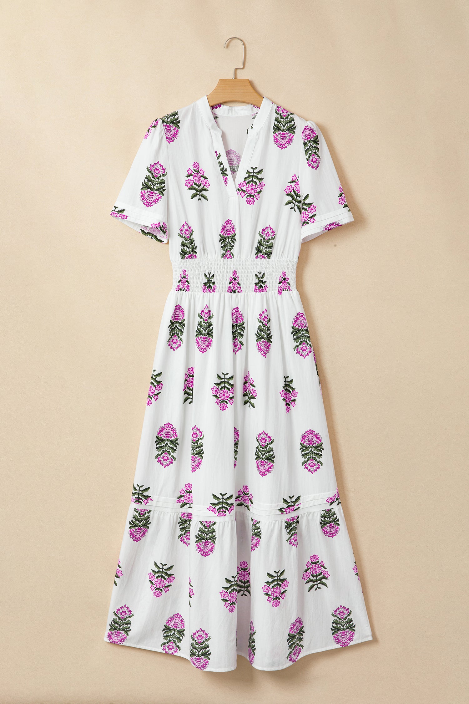 Floral Print Split Neck Shirred Waist Ruffle Hem Maxi Dress