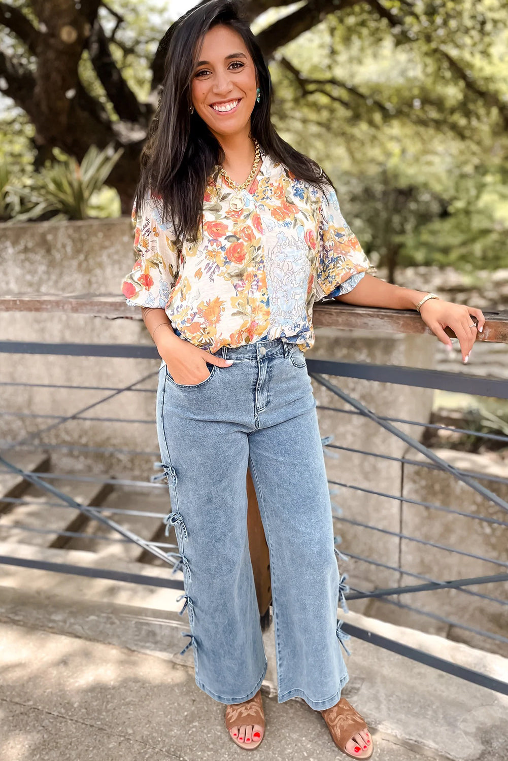 Bow Knot Side Detail Straight Leg Loose Jeans - eAura