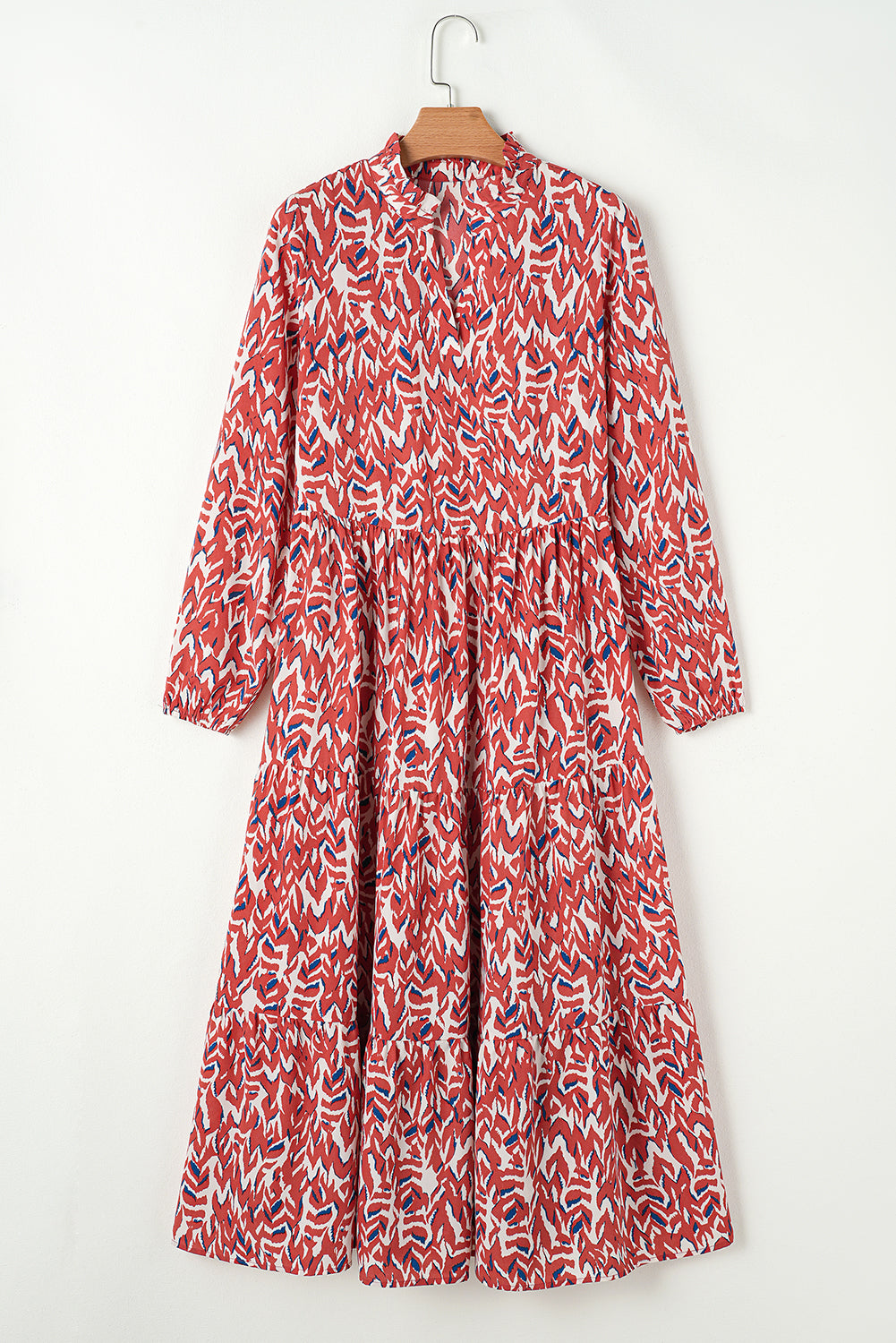 Orange Abstract Print V Neck Pleated High Waist Midi Dress eAura