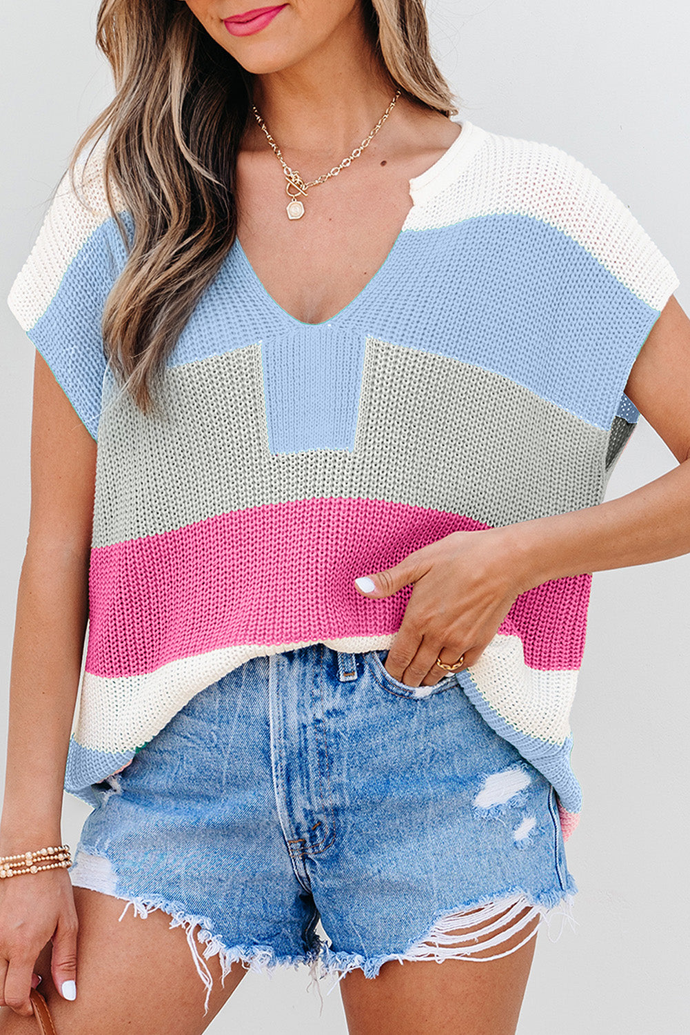 Light Blue V Neck Sweater Top eAura