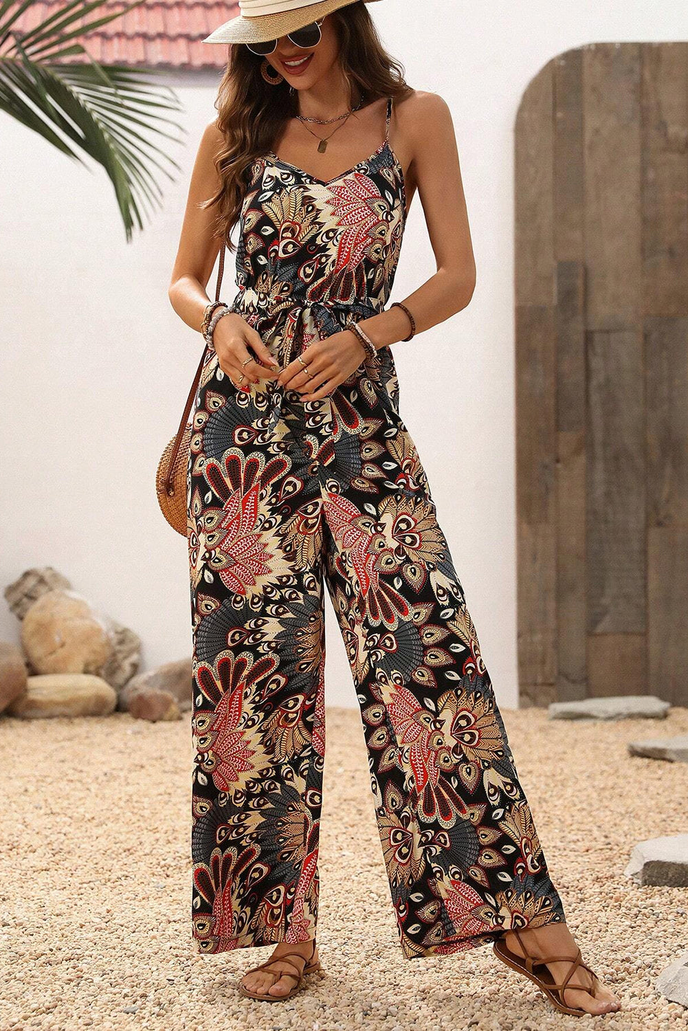 Black Floral Print Belted Sleeveless Wide Leg Jumpsuit eAura