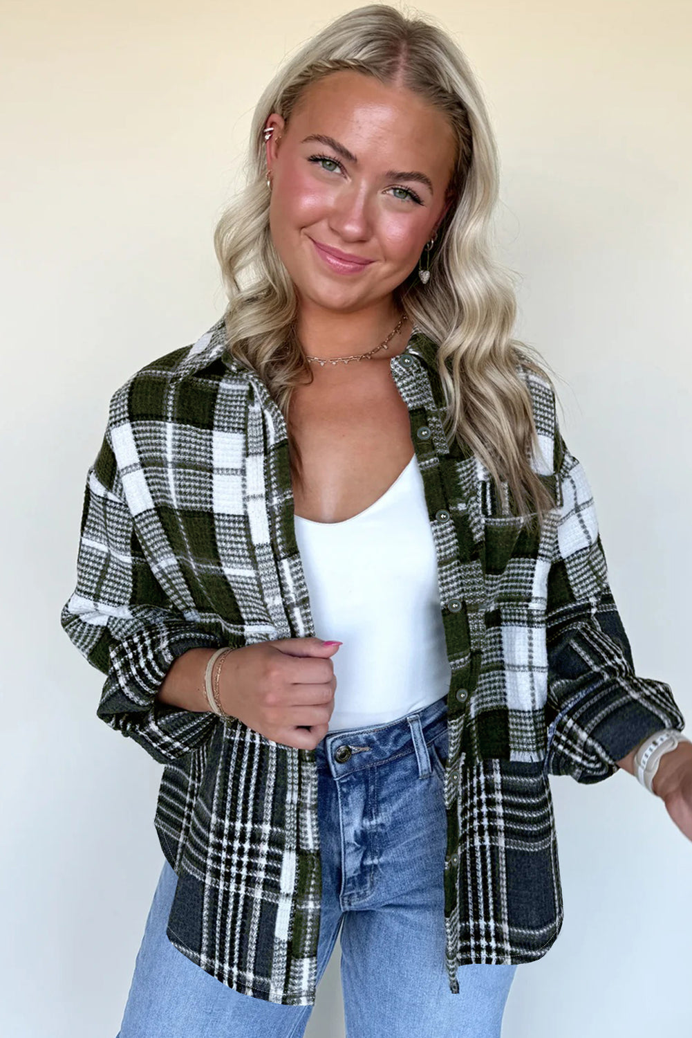 Plaid Print Textured Buttoned Shacket eAura