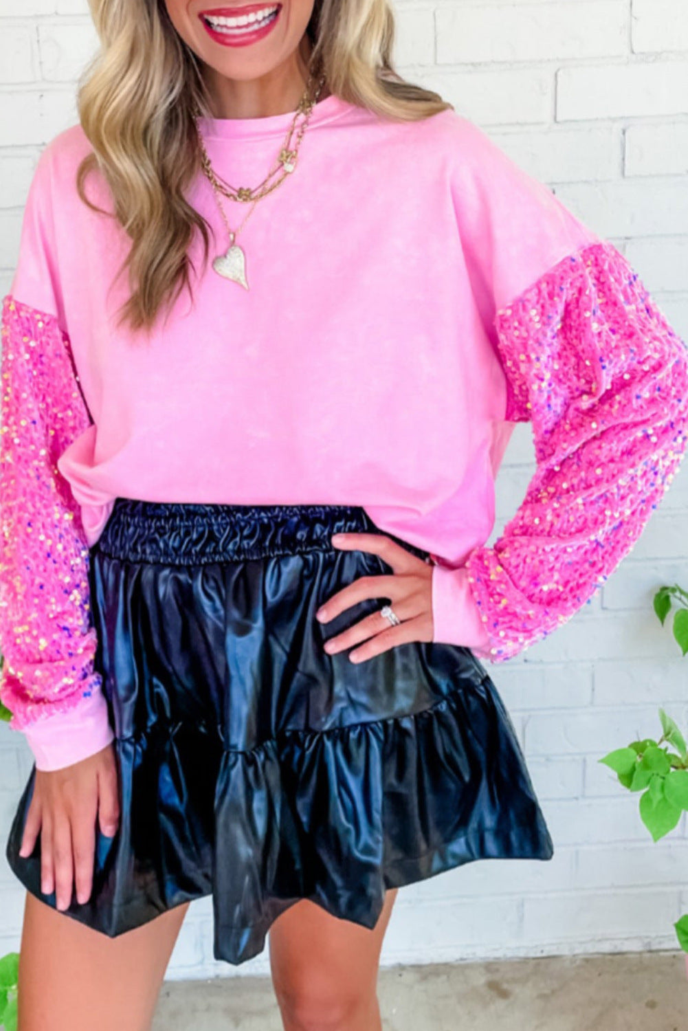 Pink Sequin Patchwork Long Sleeve Pullover Top beagle boutique