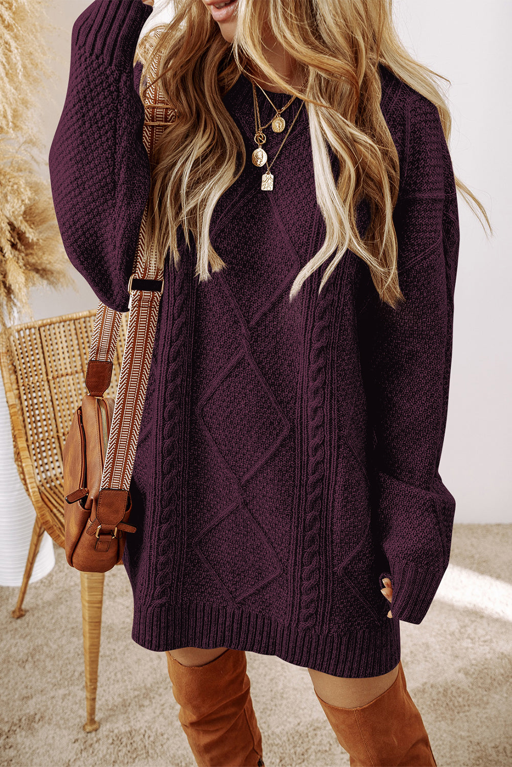 Cable Knit Drop Shoulder Sweater Dress – Brown, Black, Green, Beige & Burgundy