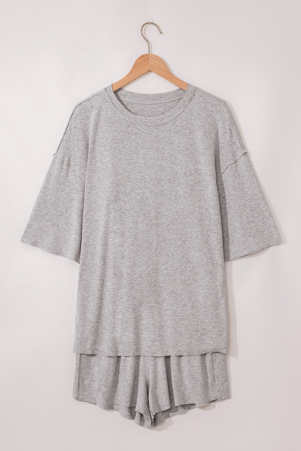 Grey Solid Colour Loose Tee 2 Piece Shorts Set eAura