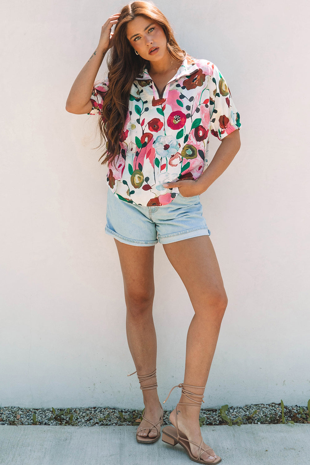 Pink Floral Print Slit V Neck Short Sleeve Blouse eAura