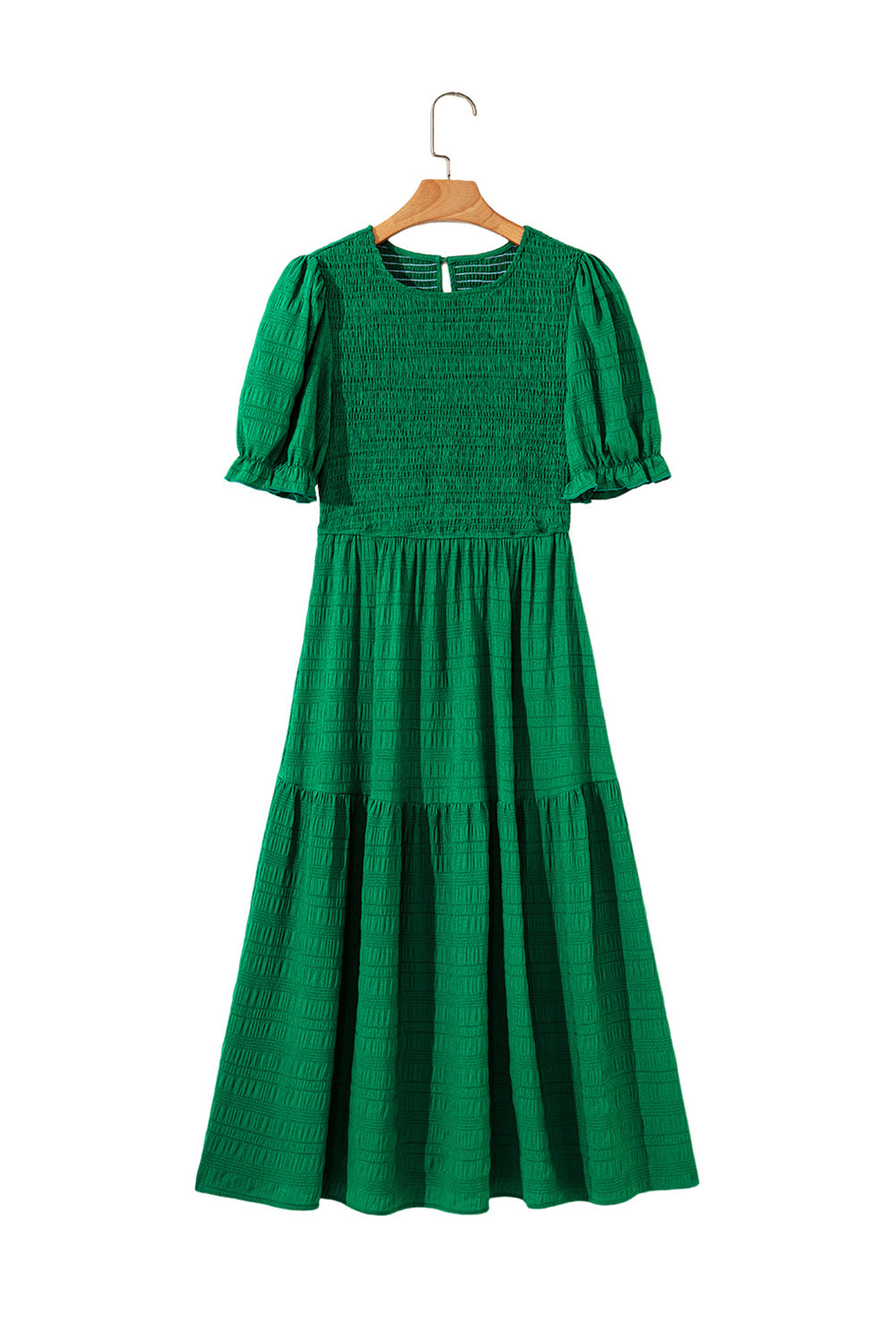 Dark Green Puff Short Sleeve Textured Tiered Maxi Dress eAura
