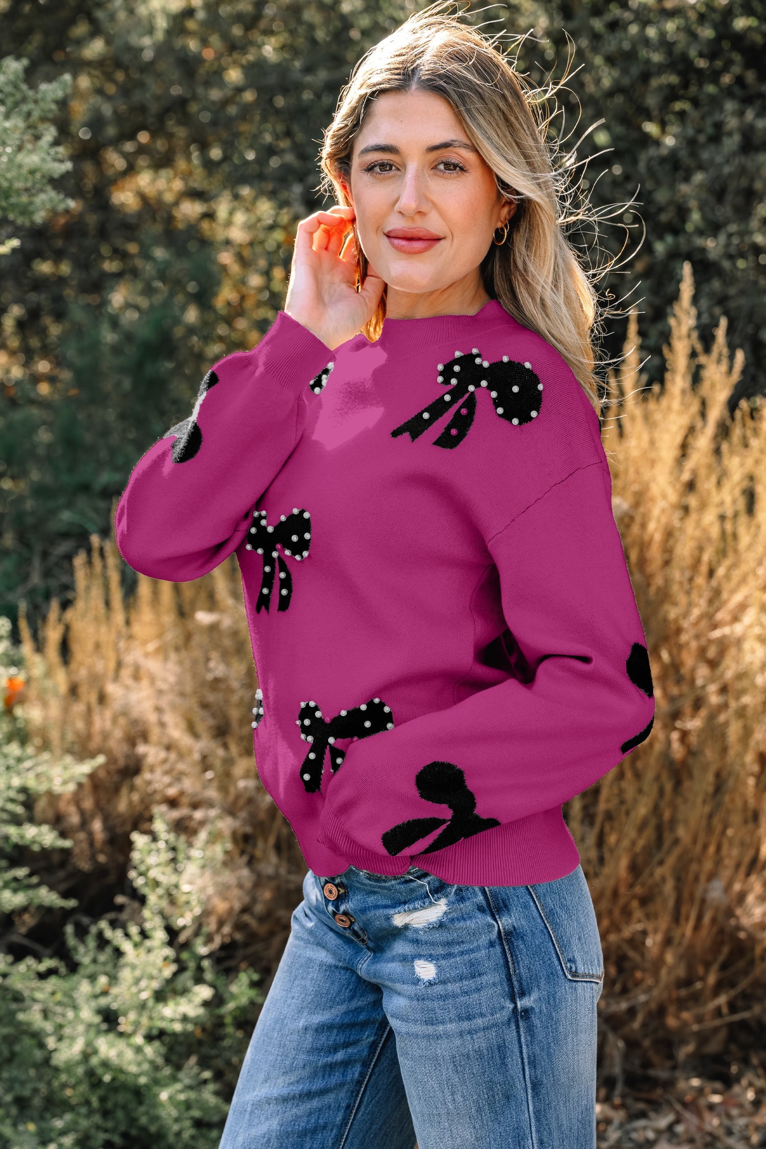 Pearl Embellished Bow Pattern Loose Sweater - Sweaters & Cardigans/Sweaters