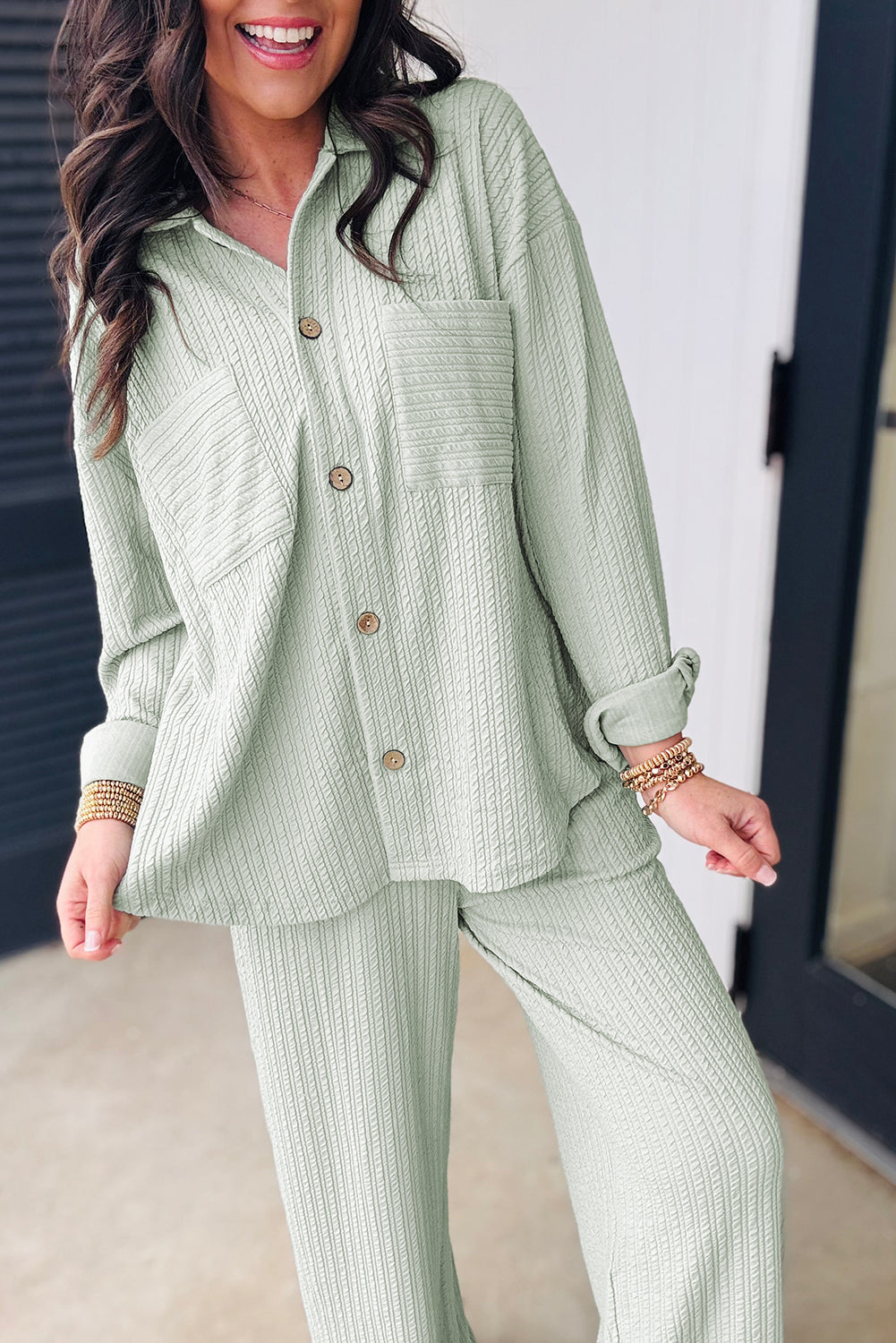 Clearly Aqua Textured Patched Chest Pocket Shirt and Pants Set Dear-Lover Dropshipping