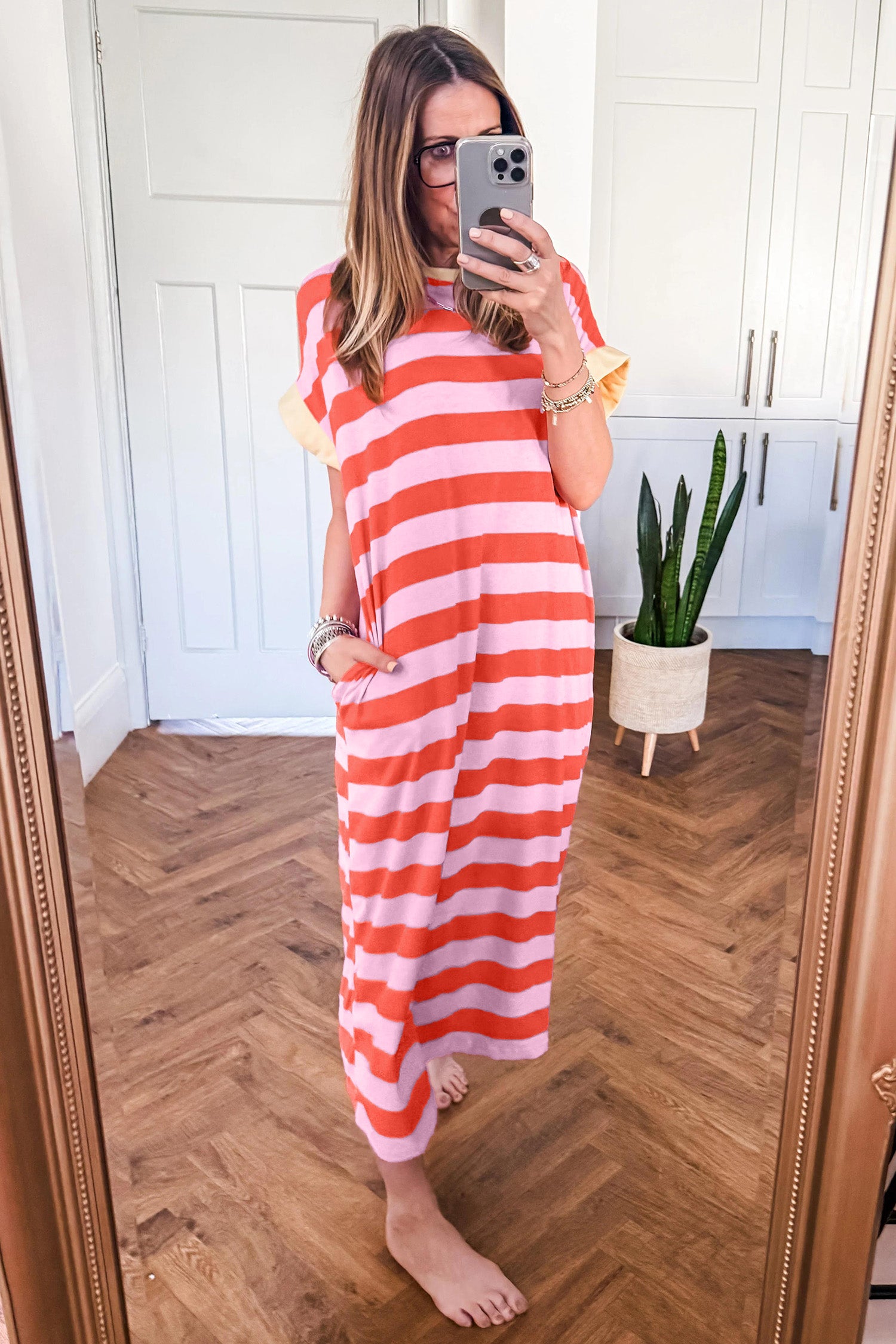 Cuffed Short Sleeve Pocketed Casual T Shirt Long Dress – Rose Stripe