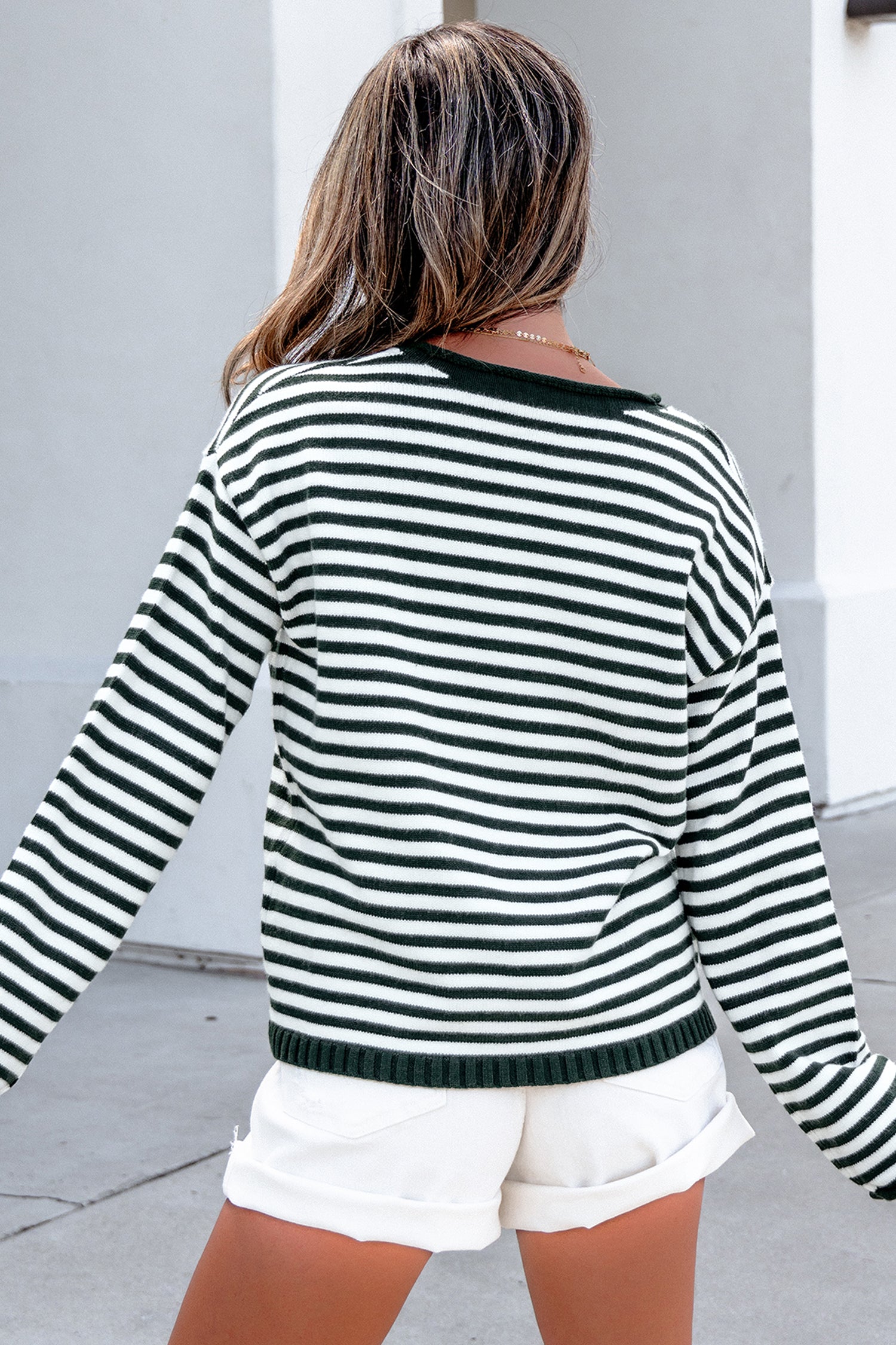 Striped Button Placket Drop Shoulder Long Sleeve Sweater – Pink Stripe