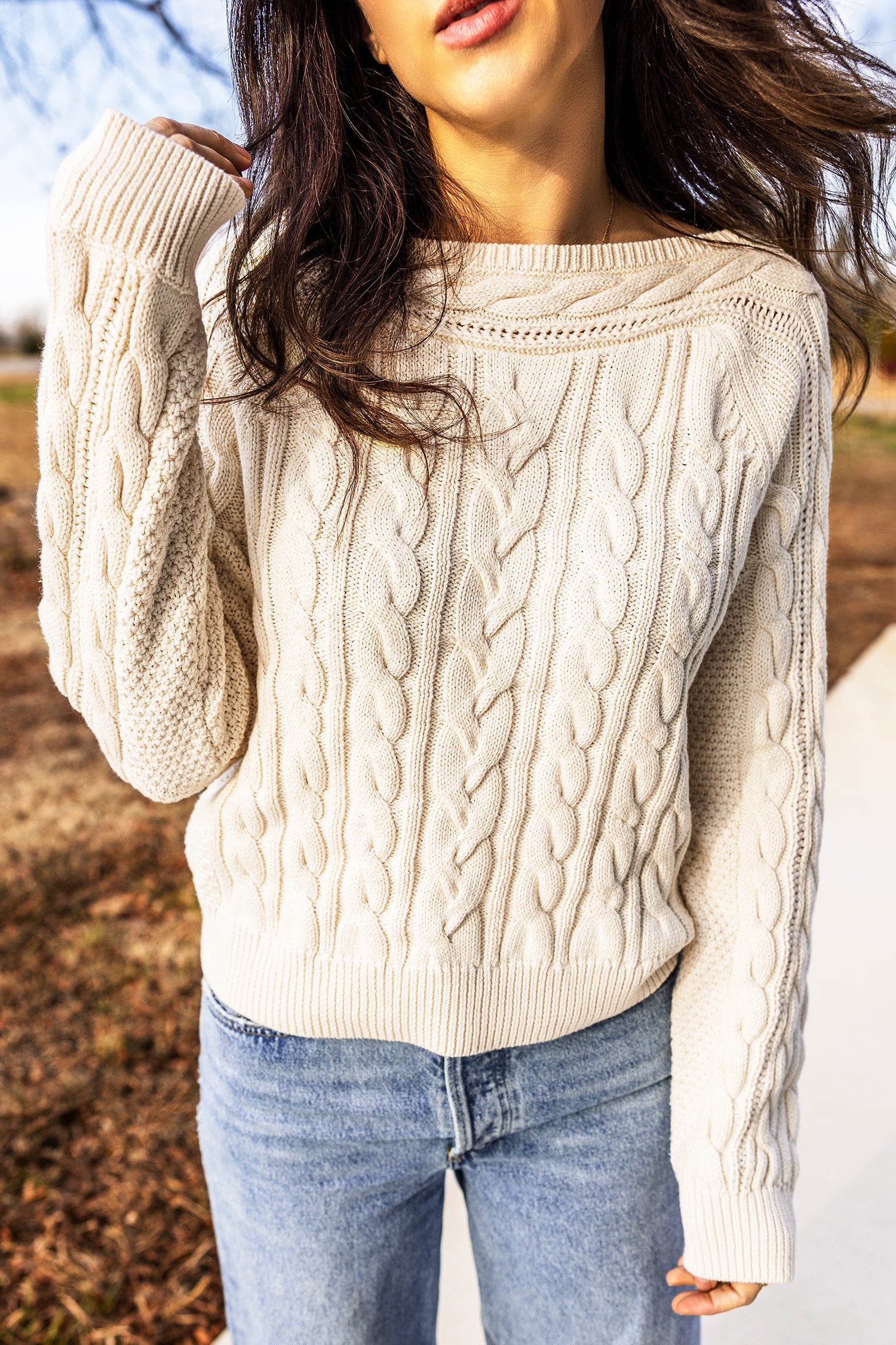 Drop Shoulder Round Neck Cable Knit Sweater – Beige