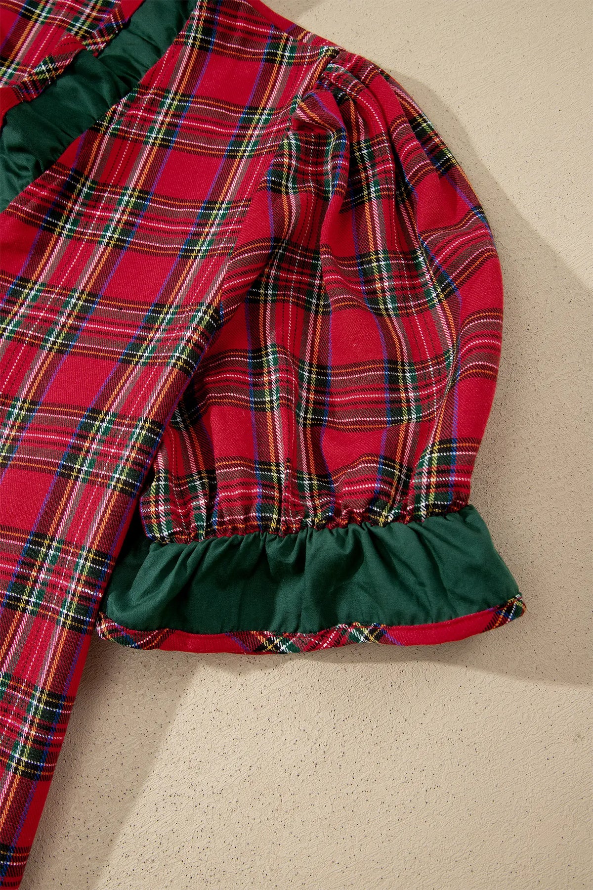 Plaid V Neck Ruffle Colour Block Trim Short Sleeve Shirt