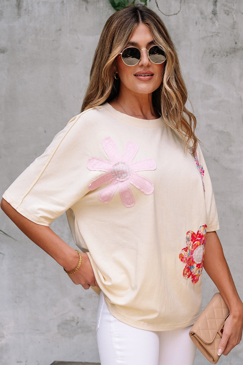 Apricot Flower Patched Exposed Stitching Trim Crew Neck Loose Tee eAura
