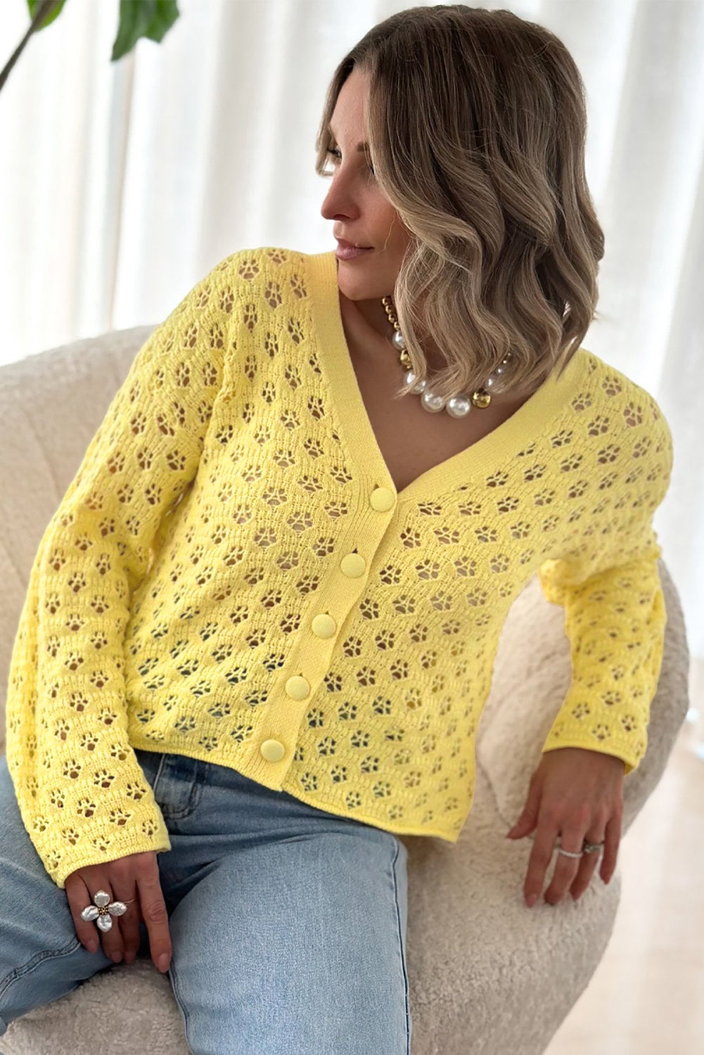 Yellow Pointelle Knit V Neck Sweater Cardigan - eAura
