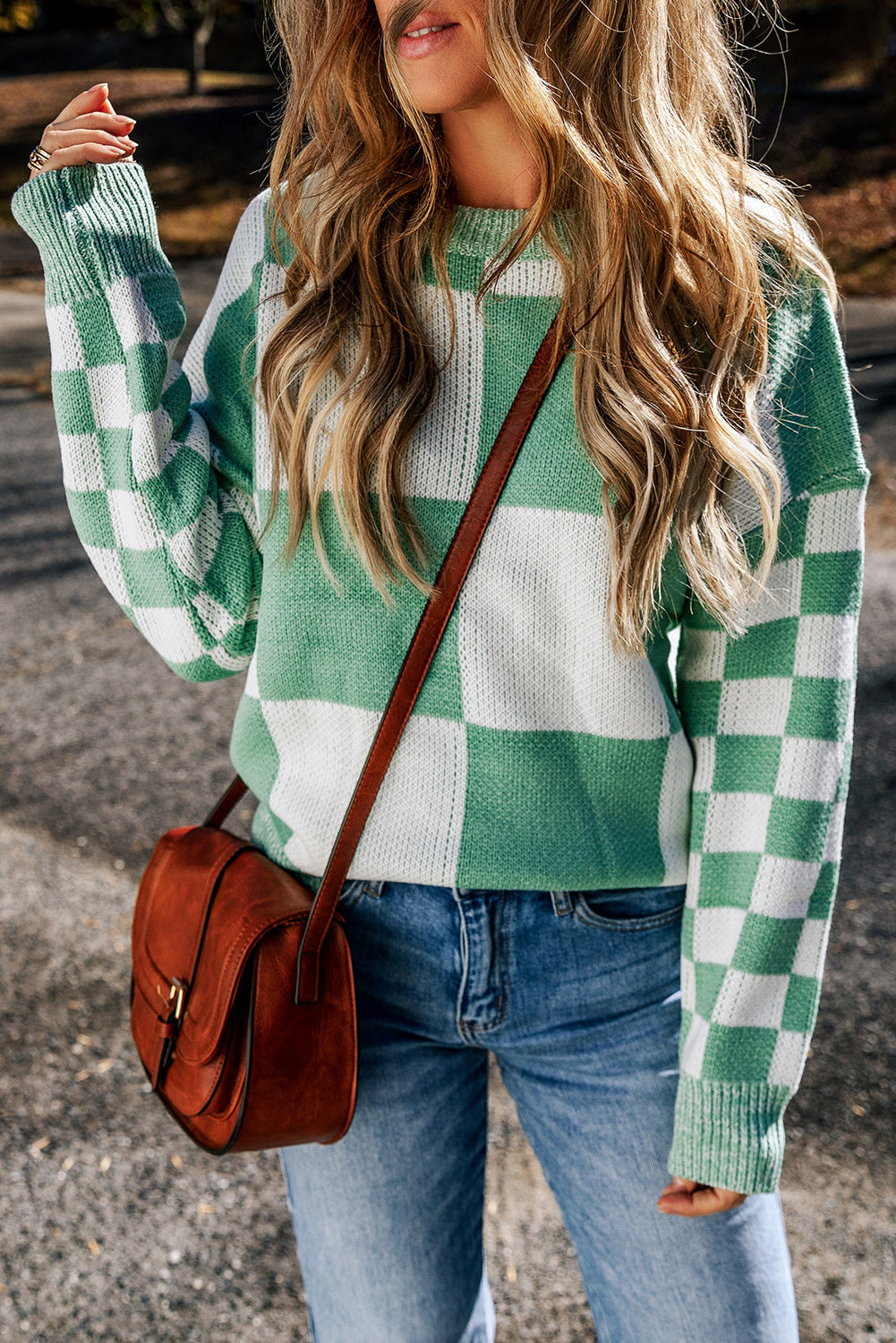 Flaxen Checkered Print Drop Shoulder Sweater eAura
