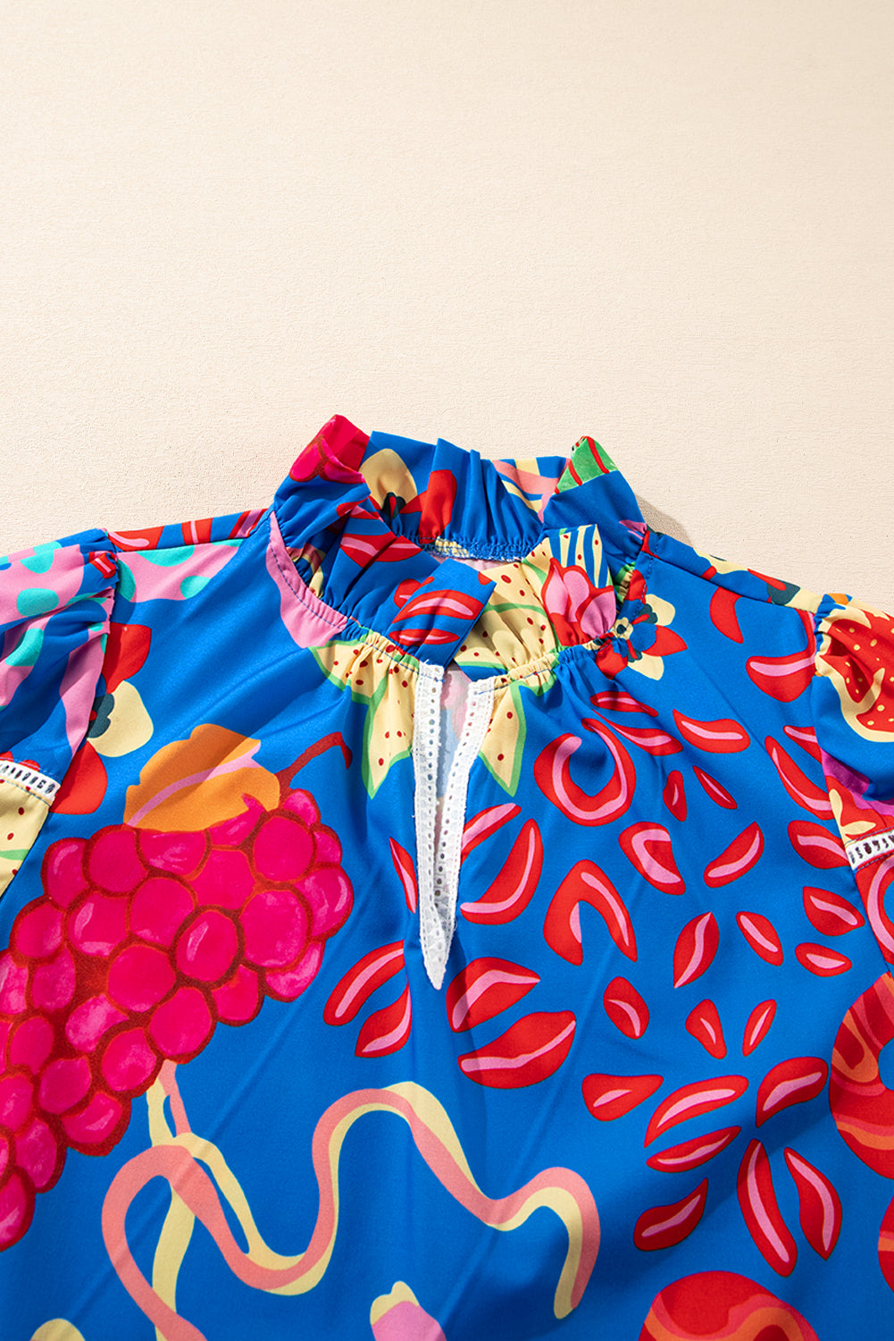 Blue Abstract Print Frilled Collar Ruffled Puff Short Sleeve Top eAura