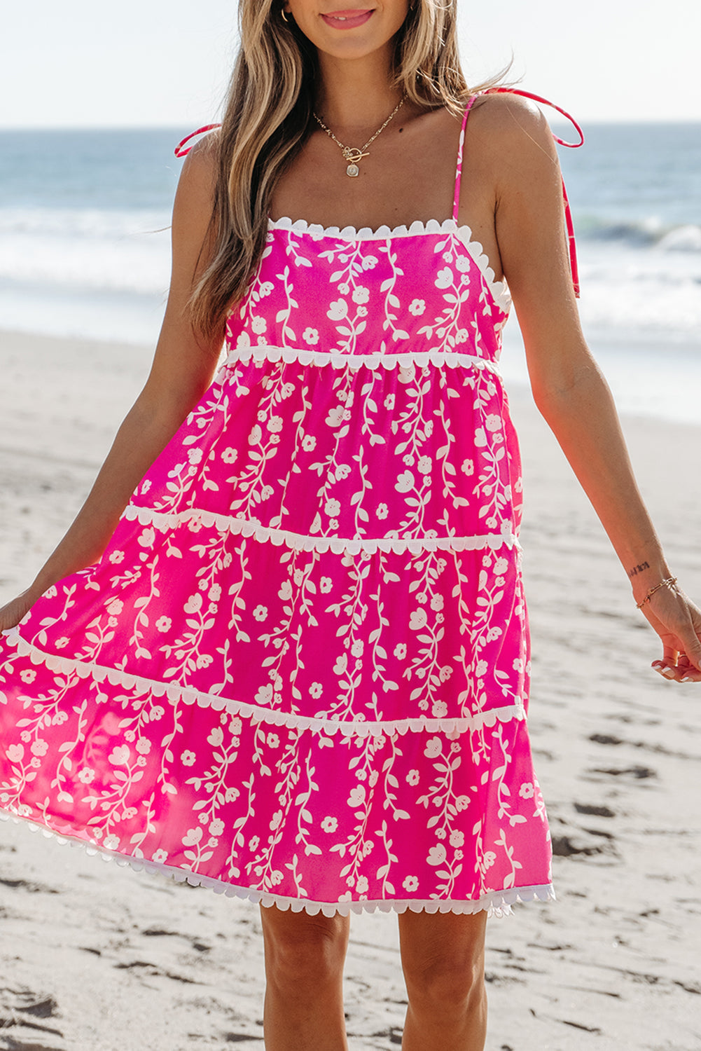 Pink Floral Print Ric Rac Patched Sleeveless Mini Dress eAura