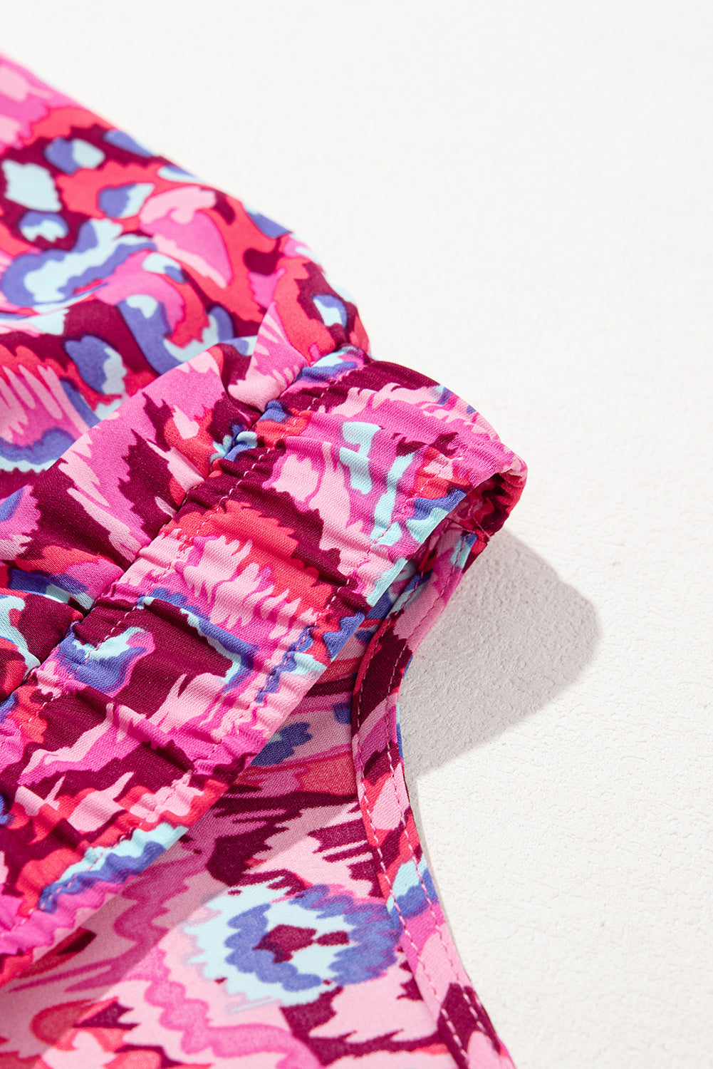 Pink Abstract Print Puff Sleeve V Neck High Waist Romper eAura