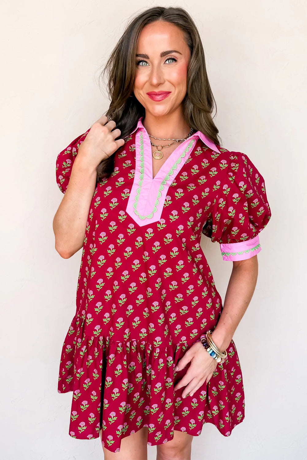 Red Floral Print Contrasted V-Neck Short Bubble Sleeve Mini Dress